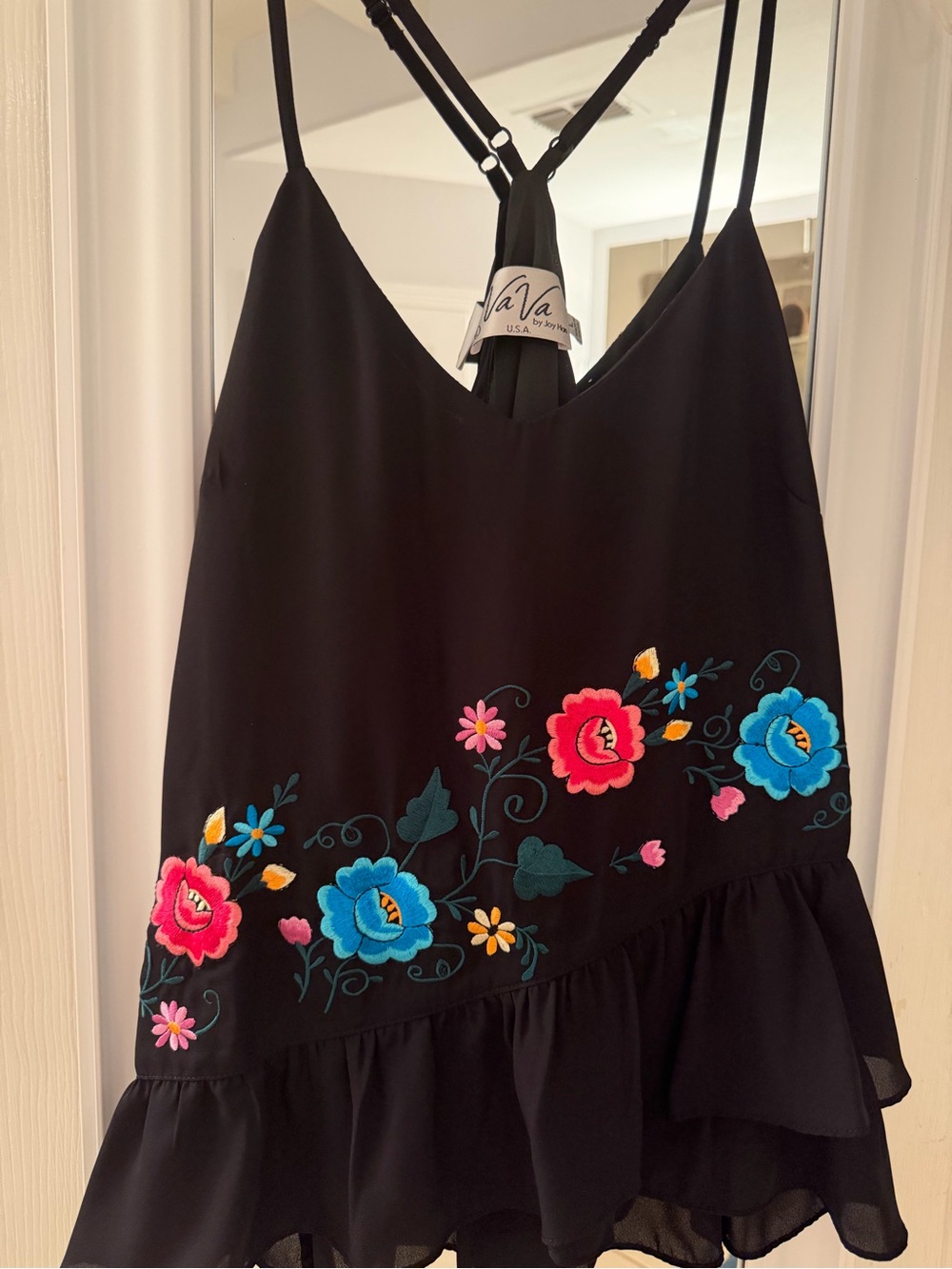 Vava by Joy Han Black Embroidered Floral Ruffle Cami